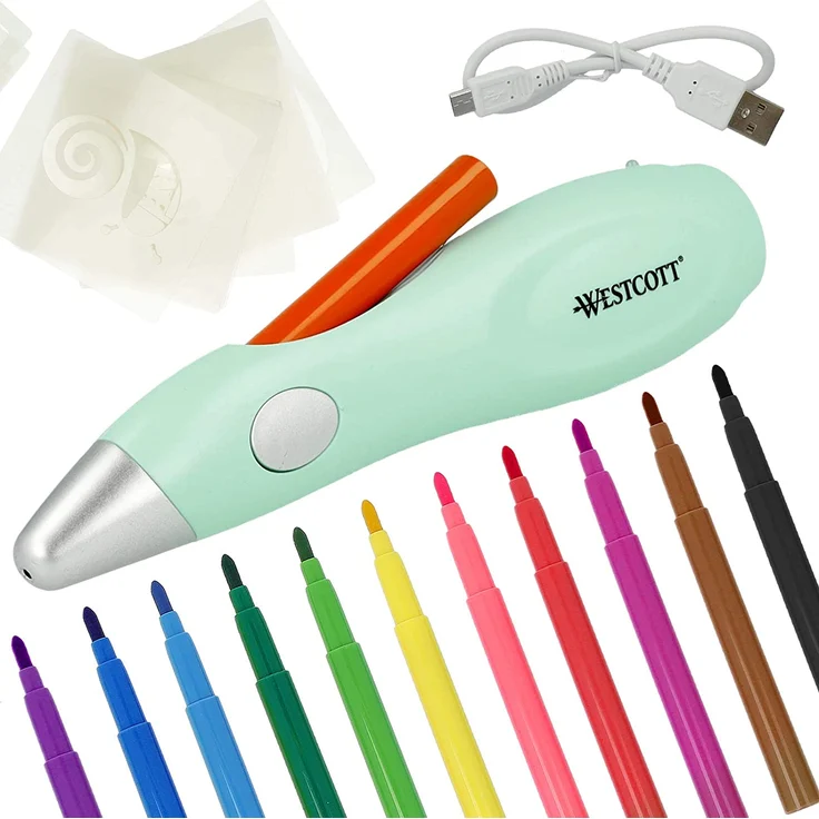 Westcott Elektrischer Farbsprühstift, Airbrush-Set für Kinder mit 12 Filzstiften & 19 Schablonen zum Malen & Zeichnen, mit Akku und USB-Kabel, grün, E-16800 00 – Bild 1