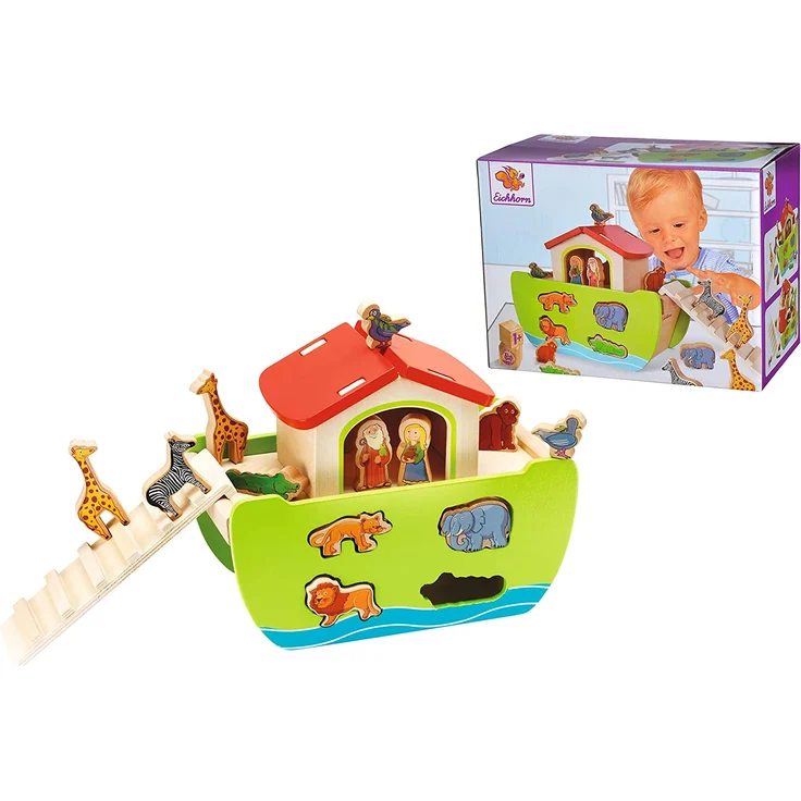 Eichhorn 100002084 - Steckspiel 'Arche Noah', 16 versch. Steckfiguren, 21-tlg., 14x26x19 cm, Birkenholz – Bild 8