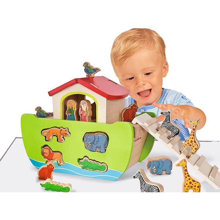 Eichhorn 100002084 - Steckspiel 'Arche Noah', 16 versch. Steckfiguren, 21-tlg., 14x26x19 cm, Birkenholz – Bild 2