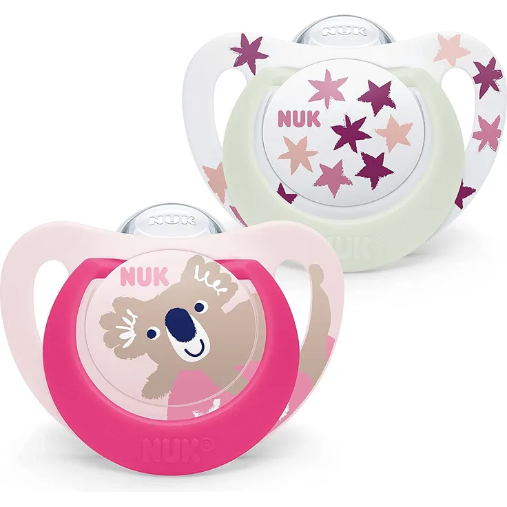 NUK Star Night & Day Schnuller für Babys | 18-36 Monate | Lutscher im Dunkeln | Silikon frei BPA | Koala rosa | 2 Stück