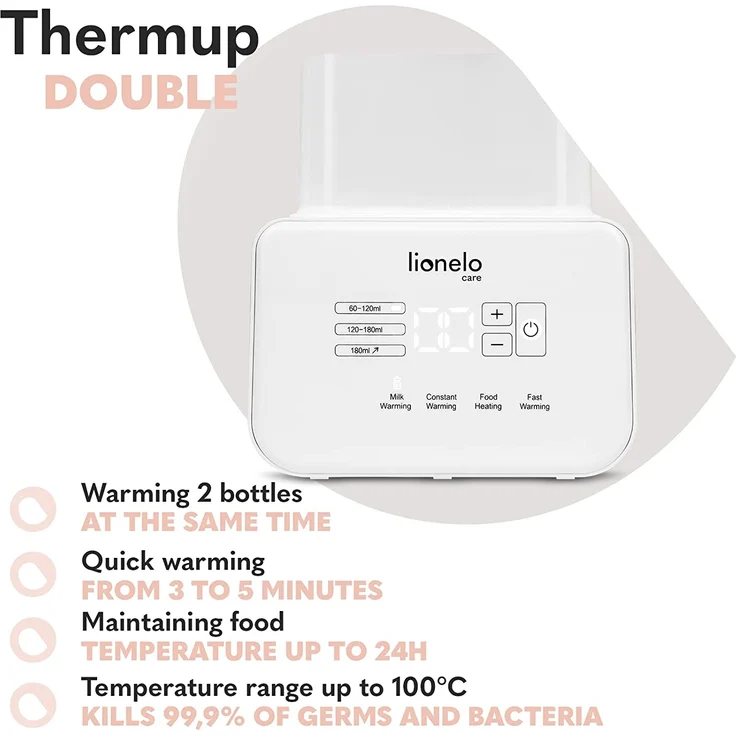 LIONELO THERMUP Doppel-Flaschenwärmer, 2 Flaschen gleichzeitig, erhitzen Erhitzen der Milch in 3-5 Minuten, 6 Arbeitsmodi, Funktion Sterilisator und Defrost, Ruhige Arbeit, Sicher zu benutzen – Bild 4