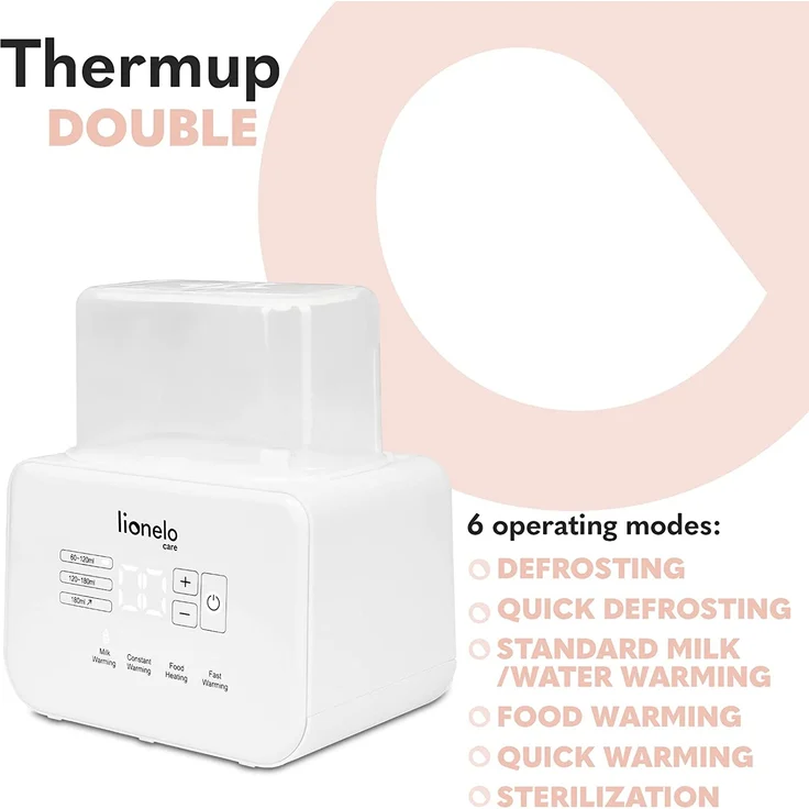 LIONELO THERMUP Doppel-Flaschenwärmer, 2 Flaschen gleichzeitig, erhitzen Erhitzen der Milch in 3-5 Minuten, 6 Arbeitsmodi, Funktion Sterilisator und Defrost, Ruhige Arbeit, Sicher zu benutzen – Bild 3