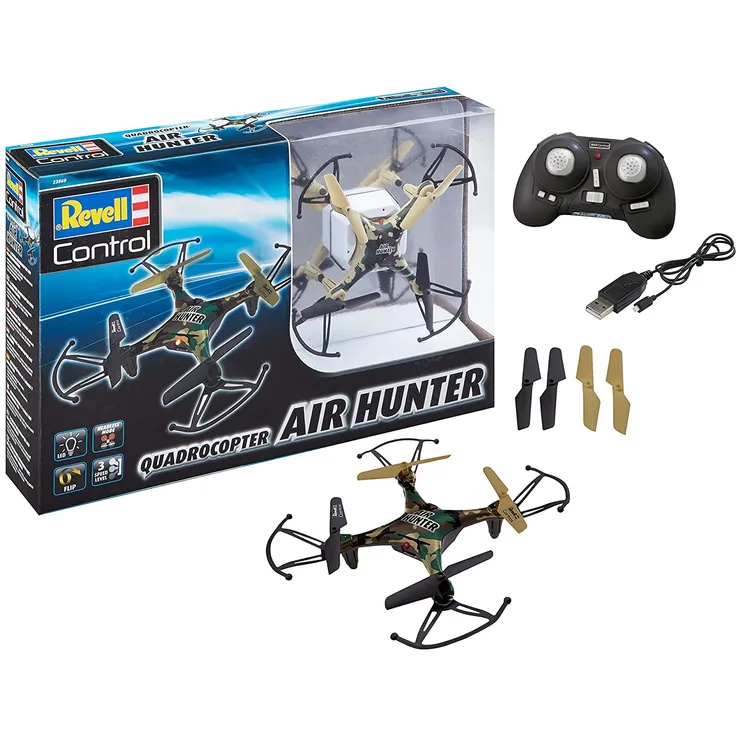 Revell Control 23860 RC Quadcopter Air Hunter, 2.4GHz, Akku, Flip-Funktion, Rotorschutz, LED, Headless-Mode, Geschwindigkeitsstufen, ferngesteuerter Quadrokopter, Camouflage-Design, 15,5 cm bunt