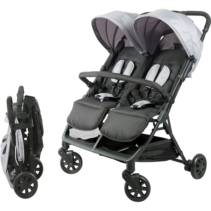 BAMBISOL Zwillings-Kinderwagen mit Rippenstritt | für Zwillinge ab der Geburt geeignet | ultrakompakt | Schwarz/Grau – Bild 1