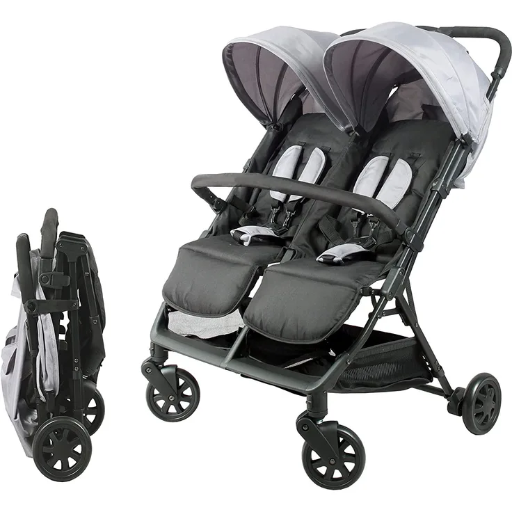 BAMBISOL Zwillings-Kinderwagen mit Rippenstritt | für Zwillinge ab der Geburt geeignet | ultrakompakt | Schwarz/Grau