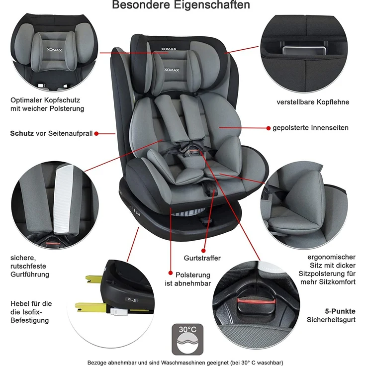 XOMAX 916 Kindersitz drehbar 360° mit ISOFIX und Liegefunktion I mitwachsend I 0-36 kg, 0-12 Jahre, Gruppe 0/1/2/3 I 5-Punkt-Gurt und 3-Punkt-Gurt I Bezug abnehmbar, waschbar I ECE R44/04 - Preisvergleich – Bild 4