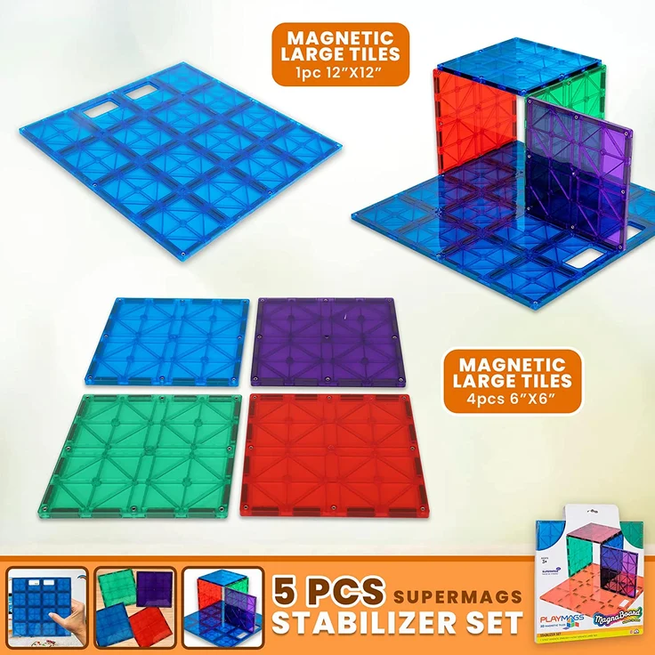 Playmags: Super-Durable Gebäude Stabilizer Set - Kompatibel mit führenden Magnetic Fliesen Marken - Dauerhafte Gebäude Set 1 enthält - 12 "x12 & 4 - 6 "x6 (Farben können variieren) – Bild 2