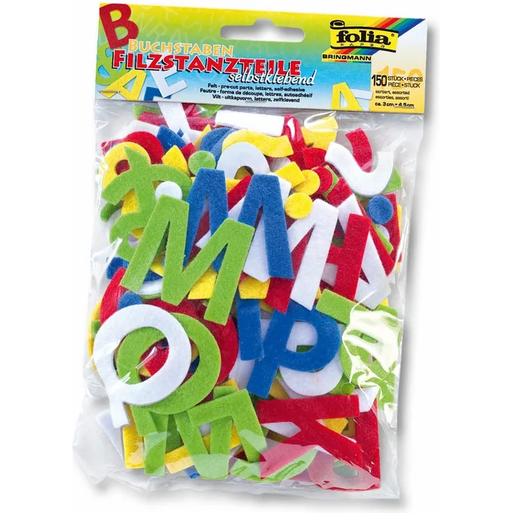 folia 5261 - Filzstanzteile Buchstaben, selbstklebend, 150 Stück, farbig sortiert, je ca. 4,5 cm groß