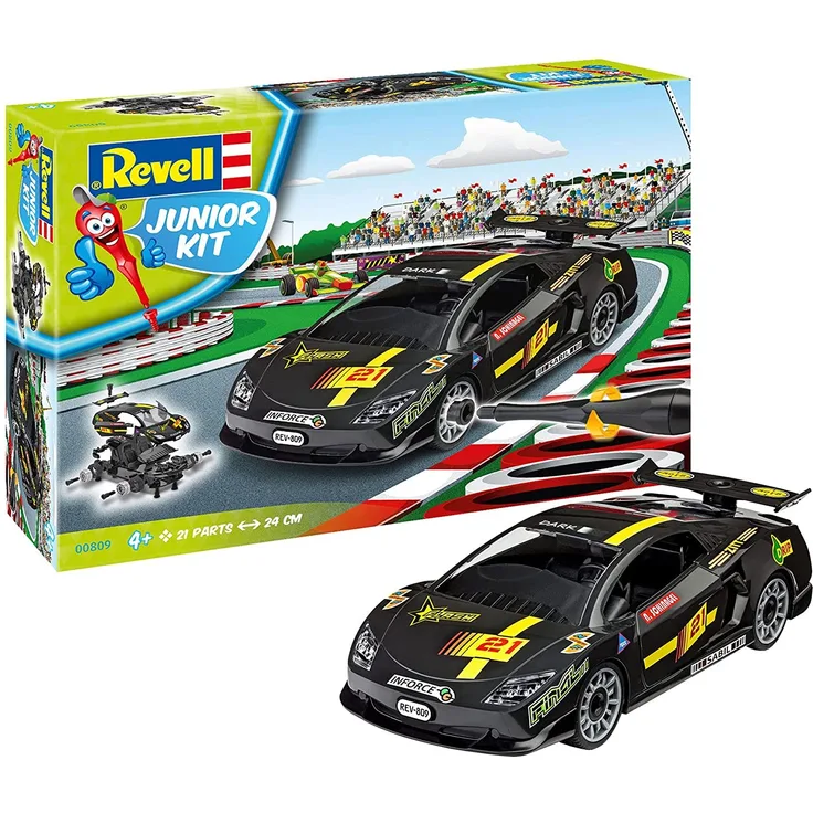 Revell Junior Kit Auto Modellbausatz für Kinder zum Schrauben, robuster Rennwagen zum Basteln und Spielen, ab 4+, kindgerecht, müheloses Verbinden weniger Teile, mit Aufklebern - RACING CAR 00809