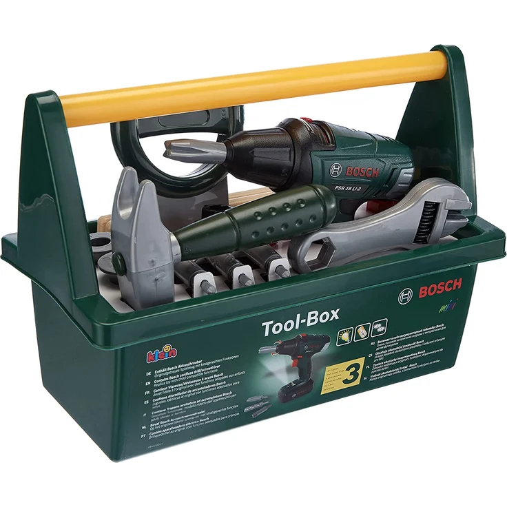 Theo Klein 8429 Bosch Werkzeug-Box I Mit Säge, Hammer, Zange und vielem mehr I Batteriebetriebener Akkuschrauber I Maße: 31 cm x 16,5 cm x 22,5 cm I Spielzeug für Kinder ab 3 Jahren – Bild 1