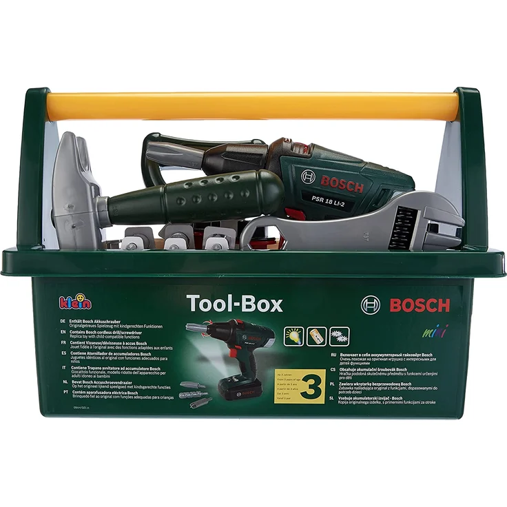 Theo Klein 8429 Bosch Werkzeug-Box I Mit Säge, Hammer, Zange und vielem mehr I Batteriebetriebener Akkuschrauber I Maße: 31 cm x 16,5 cm x 22,5 cm I Spielzeug für Kinder ab 3 Jahren – Bild 2