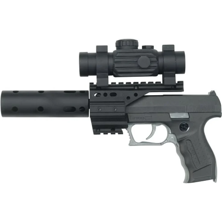 PARTY DISCOUNT J.G.Schrödel PB 001: Spielzeugpistole für Zündplättchen,mit Schalldämpfer und Ziffernrohr, ideal für das Polizeikostüm, 13 Schuss, 29 cm, schwarz (307 0100) – Bild 4