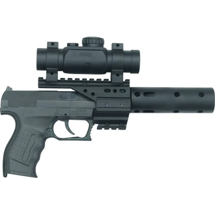 PARTY DISCOUNT J.G.Schrödel PB 001: Spielzeugpistole für Zündplättchen,mit Schalldämpfer und Ziffernrohr, ideal für das Polizeikostüm, 13 Schuss, 29 cm, schwarz (307 0100) – Bild 3