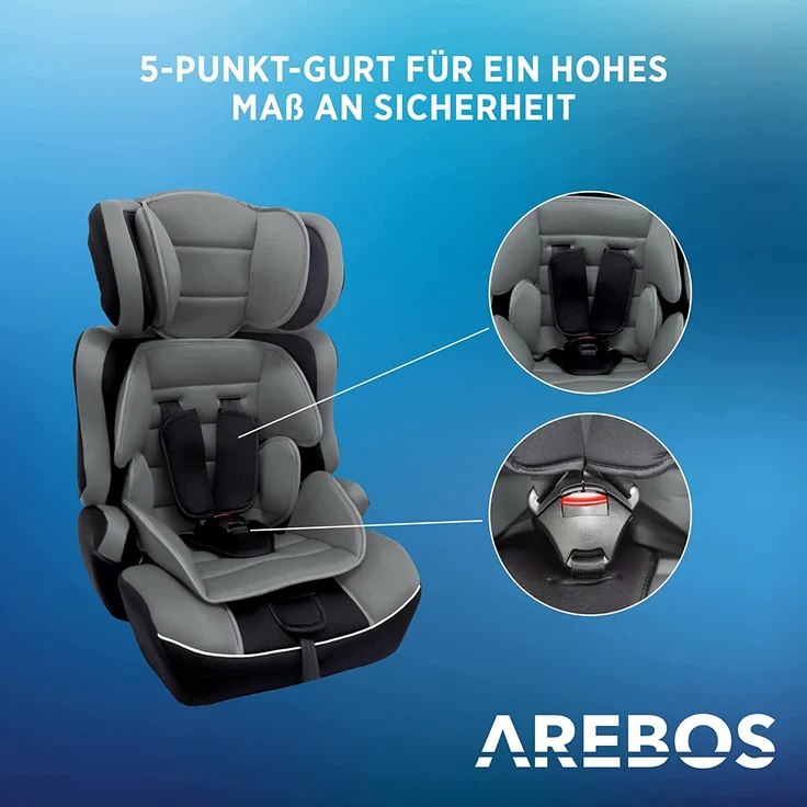 Arebos Kinderautositz | 3-Punkt-Sicherheitsgurt | Gruppe 1+2+3 für 9-36kg | Einstellbare Kopfstütze | ECE R44/04 | Abnehmbare Rückenlehne | Verstellbar (44 x 44 x 66-78 cm) (Grau) – Bild 3
