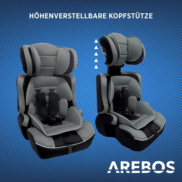 Arebos Kinderautositz | 3-Punkt-Sicherheitsgurt | Gruppe 1+2+3 für 9-36kg | Einstellbare Kopfstütze | ECE R44/04 | Abnehmbare Rückenlehne | Verstellbar (44 x 44 x 66-78 cm) (Grau) – Bild 5