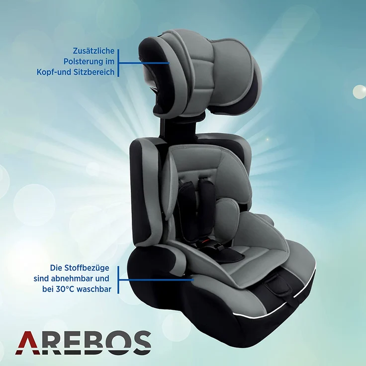 Arebos Kinderautositz | 3-Punkt-Sicherheitsgurt | Gruppe 1+2+3 für 9-36kg | Einstellbare Kopfstütze | ECE R44/04 | Abnehmbare Rückenlehne | Verstellbar (44 x 44 x 66-78 cm) (Grau) – Bild 4
