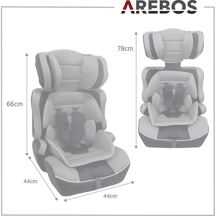 Arebos Kinderautositz | 3-Punkt-Sicherheitsgurt | Gruppe 1+2+3 für 9-36kg | Einstellbare Kopfstütze | ECE R44/04 | Abnehmbare Rückenlehne | Verstellbar (44 x 44 x 66-78 cm) (Grau) – Bild 7
