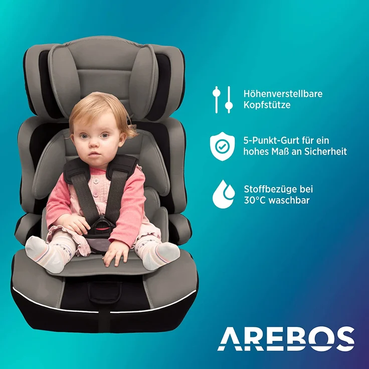 Arebos Kinderautositz | 3-Punkt-Sicherheitsgurt | Gruppe 1+2+3 für 9-36kg | Einstellbare Kopfstütze | ECE R44/04 | Abnehmbare Rückenlehne | Verstellbar (44 x 44 x 66-78 cm) (Grau) – Bild 2