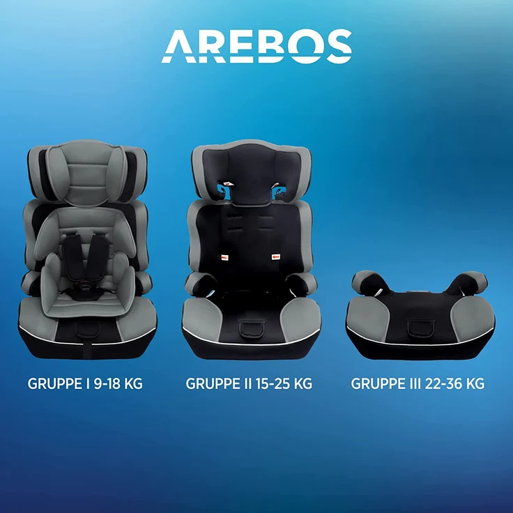 Arebos Kinderautositz | 3-Punkt-Sicherheitsgurt | Gruppe 1+2+3 für 9-36kg | Einstellbare Kopfstütze | ECE R44/04 | Abnehmbare Rückenlehne | Verstellbar (44 x 44 x 66-78 cm) (Grau) – Bild 6