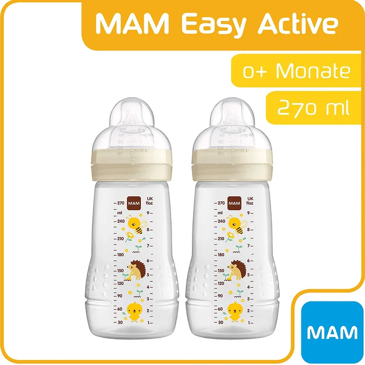 MAM Easy Active Trinkflasche im 2er-Set (270 ml), Baby Trinkflasche inklusive MAM Sauger Größe 1 aus SkinSoft Silikon, Milchflasche mit ergonomischer Form, 0+ Monate, Biene/Igel – Bild 3
