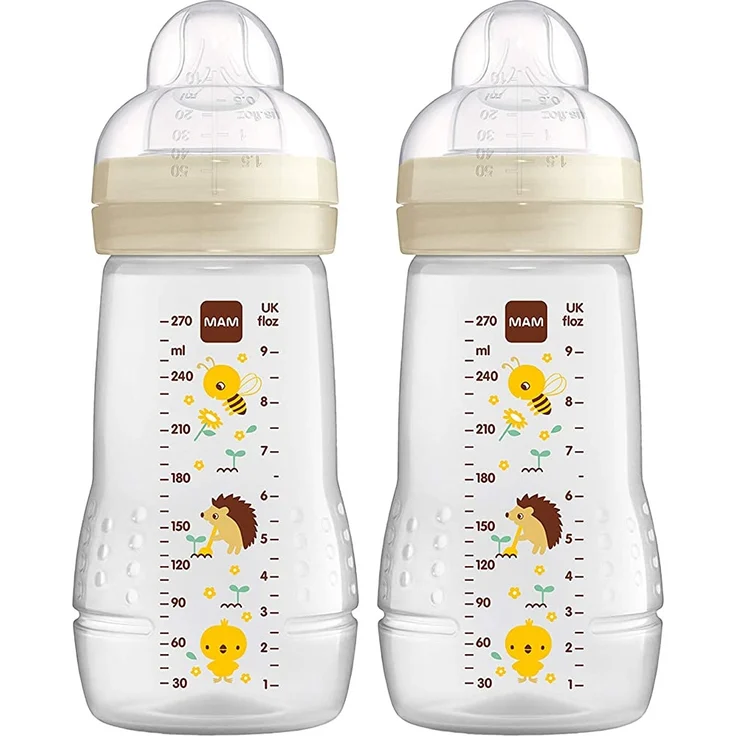 MAM Easy Active Trinkflasche im 2er-Set (270 ml), Baby Trinkflasche inklusive MAM Sauger Größe 1 aus SkinSoft Silikon, Milchflasche mit ergonomischer Form, 0+ Monate, Biene/Igel – Bild 1