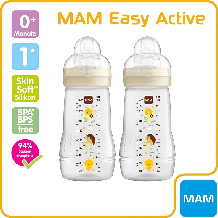 MAM Easy Active Trinkflasche im 2er-Set (270 ml), Baby Trinkflasche inklusive MAM Sauger Größe 1 aus SkinSoft Silikon, Milchflasche mit ergonomischer Form, 0+ Monate, Biene/Igel – Bild 2