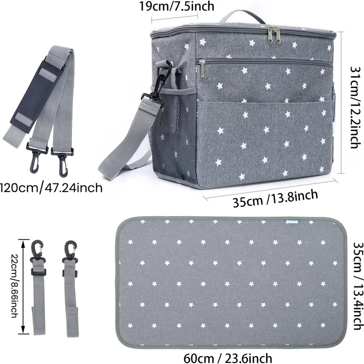 Orzbow XL Buggy Organizer Taschen,22 L Großer Kinderwagen Windel Organizer mit Getränkehaltern, Schulterriemen,2 Haken und Tragbare Wickelunterlage für Unterwegs Handtasche & Schultertaschen (Grau) – Bild 3