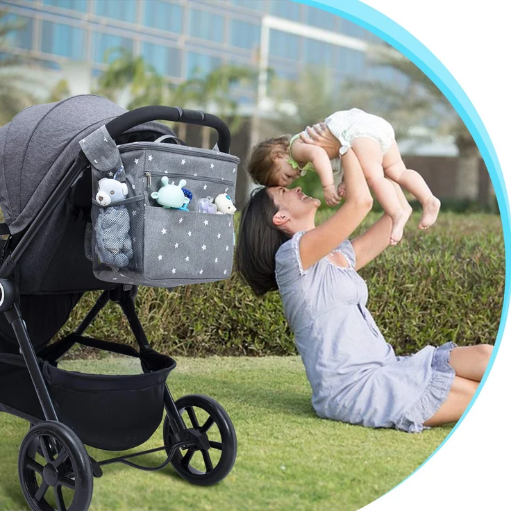 Orzbow XL Buggy Organizer Taschen,22 L Großer Kinderwagen Windel Organizer mit Getränkehaltern, Schulterriemen,2 Haken und Tragbare Wickelunterlage für Unterwegs Handtasche & Schultertaschen (Grau) – Bild 2