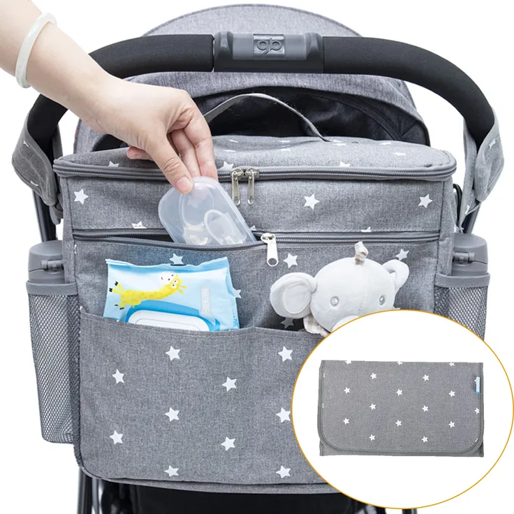 Orzbow XL Buggy Organizer Taschen,22 L Großer Kinderwagen Windel Organizer mit Getränkehaltern, Schulterriemen,2 Haken und Tragbare Wickelunterlage für Unterwegs Handtasche & Schultertaschen (Grau)