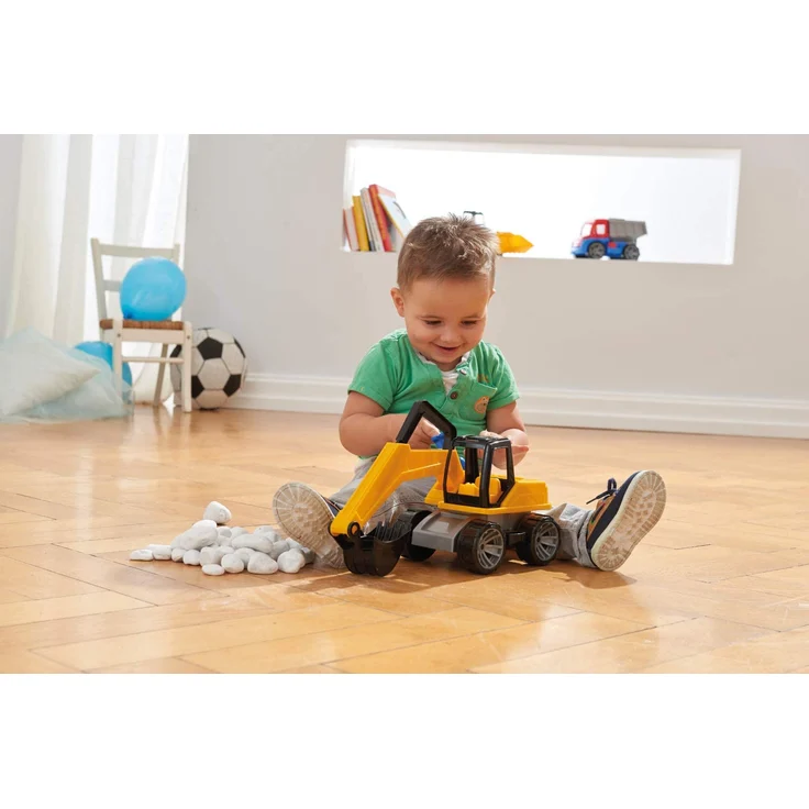 Lena 4411 Truxx Bagger, Baustellenfahrzeug ca. 44 cm, robuster Schaufelbagger mit beweglichem Baggerarm und vollbeweglicher Spielfigur, Sandbagger für Kinder ab 2 Jahre, Spielfahrzeug in gelb – Bild 4