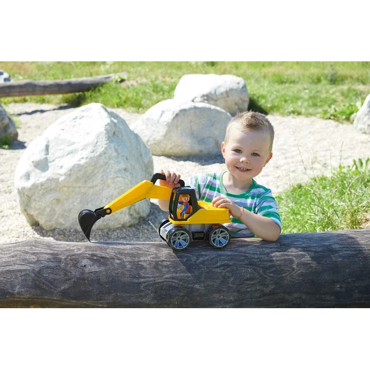 Lena 4411 Truxx Bagger, Baustellenfahrzeug ca. 44 cm, robuster Schaufelbagger mit beweglichem Baggerarm und vollbeweglicher Spielfigur, Sandbagger für Kinder ab 2 Jahre, Spielfahrzeug in gelb – Bild 3