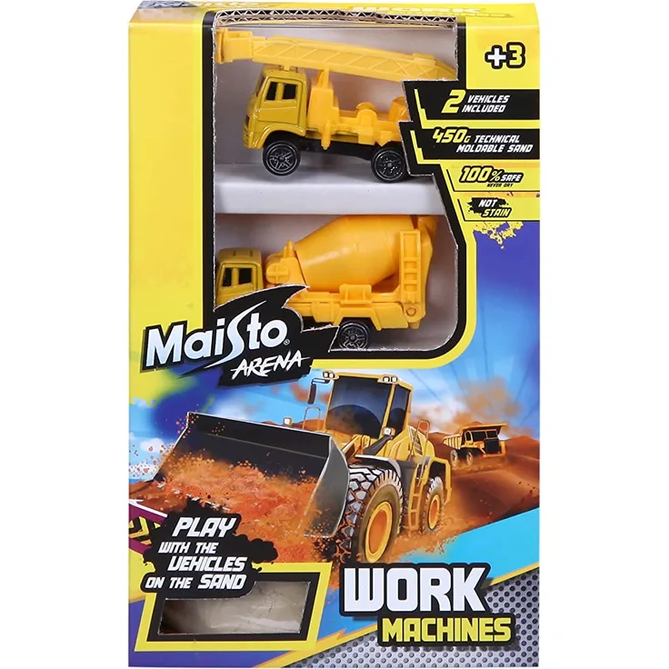 Maisto Arena "Work Machines": Spielzeug-Set Baustelle mit 300 g formbarem Sand, einem Kranwagen und Betonmischer, ab 3 Jahren (511527)