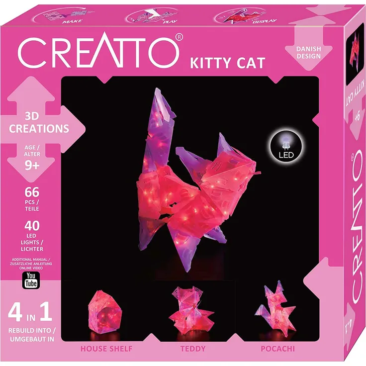 KOSMOS 03492 CREATTO Katze, 3D-Leuchtfiguren entwerfen, 3D-Puzzle für Katze, Teddy, Hund oder Haus, gestalte Ihre individuelle Kinderzimmer-Deko, 68 Steckteile, 40-tlg. LED-Lichterkette, ab 9 Jahre