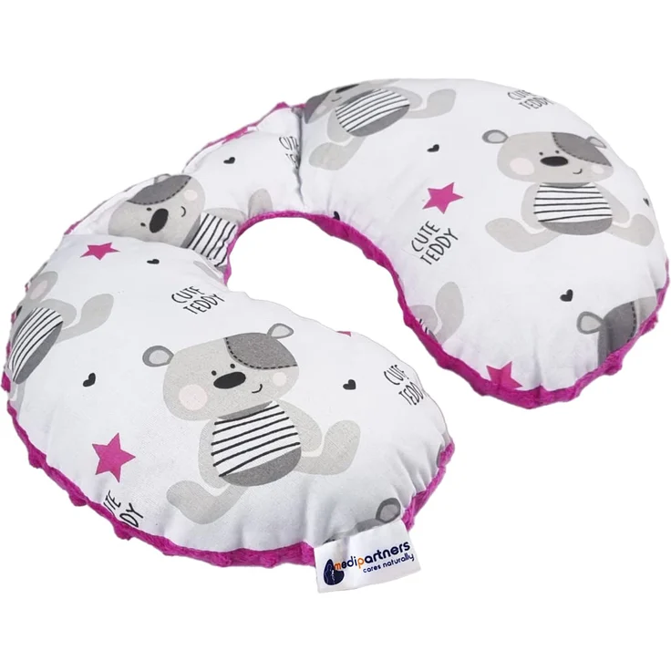 Medi Partners NACKENKISSEN Kinder Nacken Nackenstütze 100% Baumwolle/Minky Baby Nackenhörnchen für auto Kinderwagen autofahrt reisen Schlaf Hals kissen Schlummerrolle (Teddybär mit dunkelrosa Minky) – Bild 1