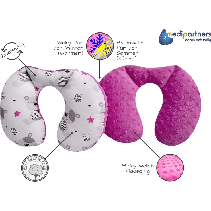 Medi Partners NACKENKISSEN Kinder Nacken Nackenstütze 100% Baumwolle/Minky Baby Nackenhörnchen für auto Kinderwagen autofahrt reisen Schlaf Hals kissen Schlummerrolle (Teddybär mit dunkelrosa Minky) – Bild 3
