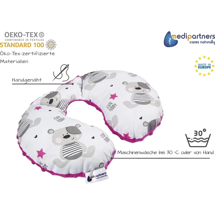 Medi Partners NACKENKISSEN Kinder Nacken Nackenstütze 100% Baumwolle/Minky Baby Nackenhörnchen für auto Kinderwagen autofahrt reisen Schlaf Hals kissen Schlummerrolle (Teddybär mit dunkelrosa Minky) – Bild 4