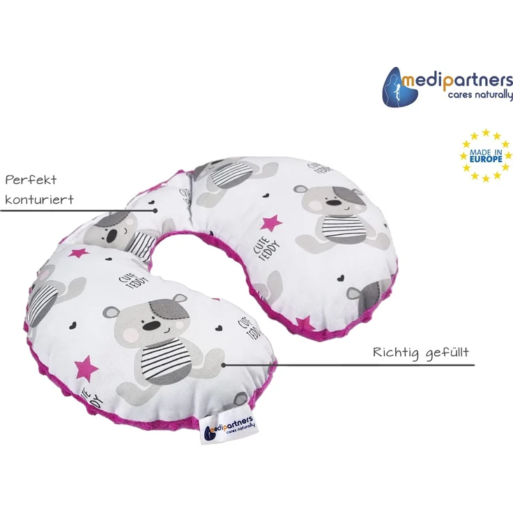 Medi Partners NACKENKISSEN Kinder Nacken Nackenstütze 100% Baumwolle/Minky Baby Nackenhörnchen für auto Kinderwagen autofahrt reisen Schlaf Hals kissen Schlummerrolle (Teddybär mit dunkelrosa Minky) – Bild 2