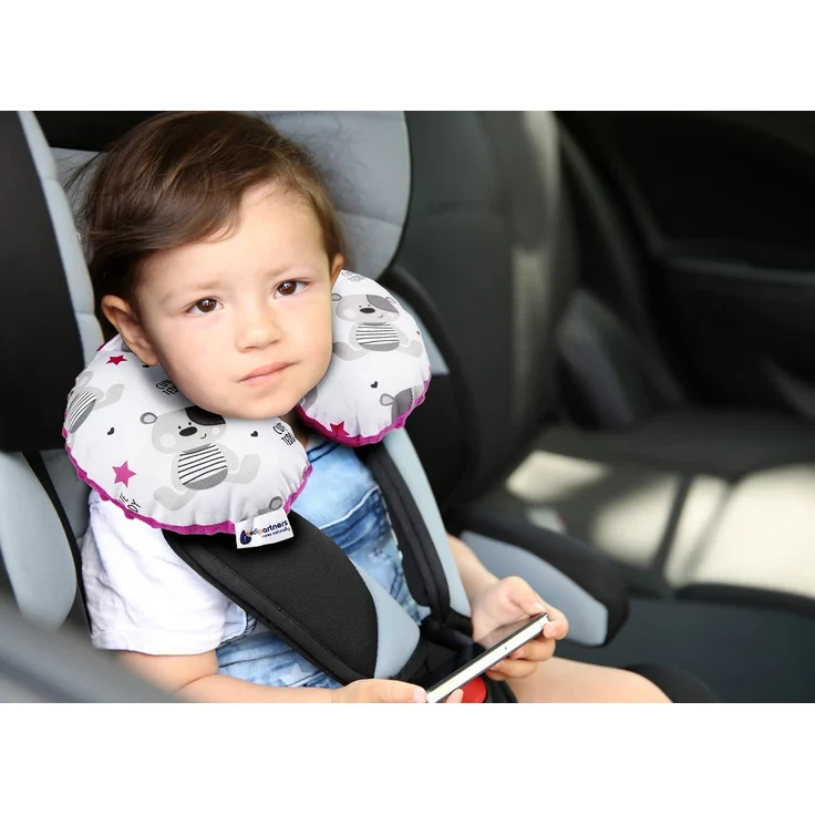 Medi Partners NACKENKISSEN Kinder Nacken Nackenstütze 100% Baumwolle/Minky Baby Nackenhörnchen für auto Kinderwagen autofahrt reisen Schlaf Hals kissen Schlummerrolle (Teddybär mit dunkelrosa Minky) – Bild 5
