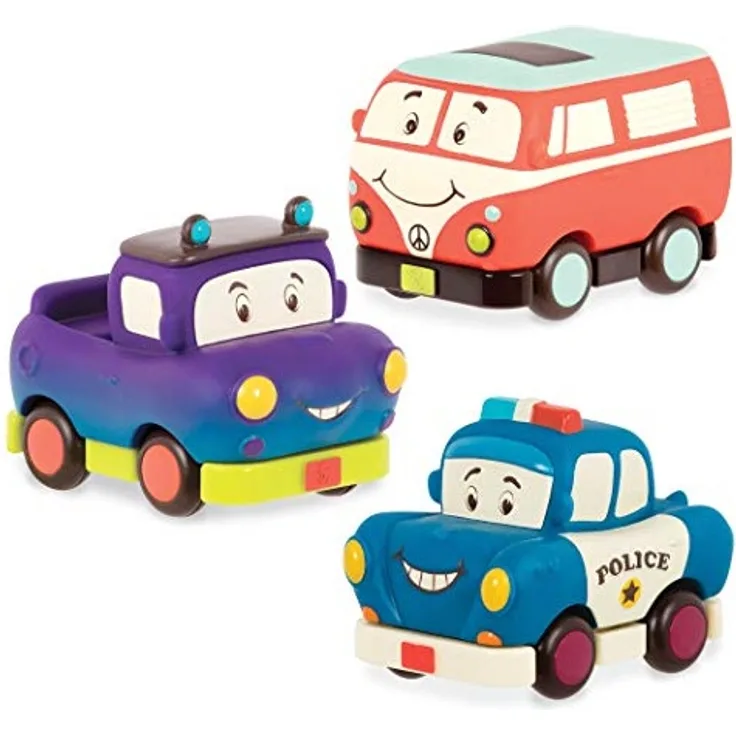 B. toys by Battat – Mini-Wheeeels Polizeiauto, Camper, Truck– Weiche Spielzeug Autos zum Zurückziehen und Loslassen für Kinder ab 1 Jahr (3 Stück)