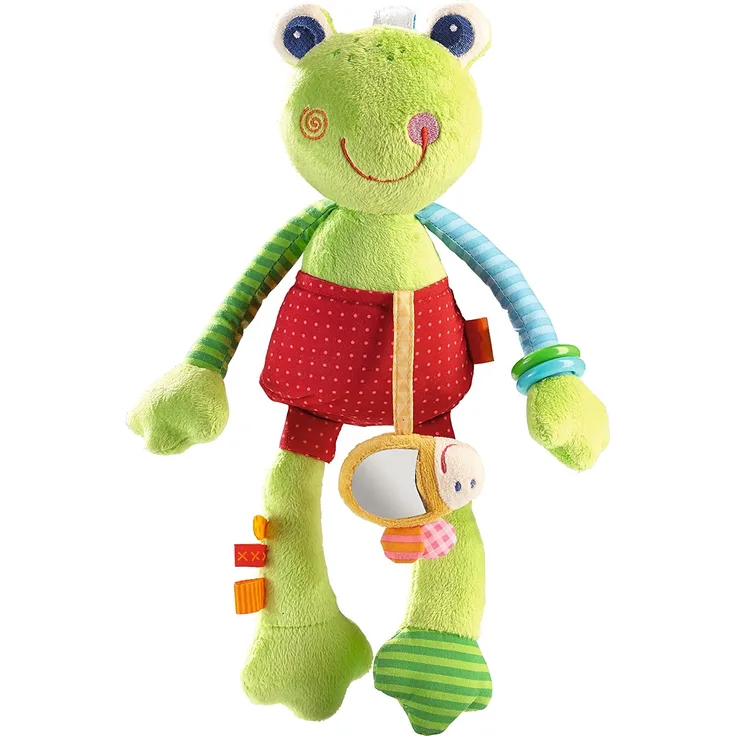 HABA 302836 - Spielfigur Regenbogenfrosch | Kuscheltier mit Bienchen und vielen Spieleffekten | Baby- Spielzeug ab 6 Monaten