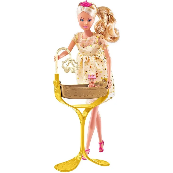 Simba 105737084 - Steffi LOVE Royal Baby blonde mini Mode-Puppe als schwangere Prinzessin, Set mit Baby und Kinderwiege, für Kinder ab 3 Jahren