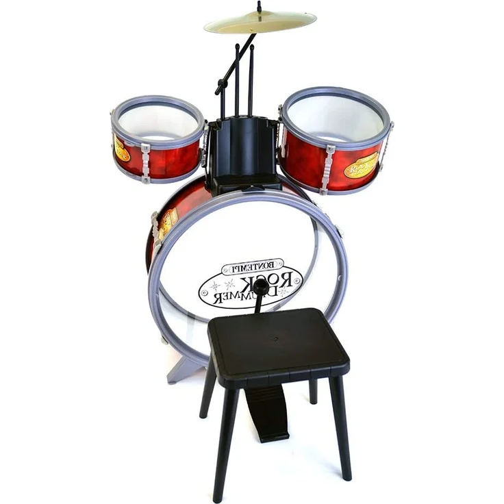 Bontempi 51 4504 Schlagzeug: Baßtrommel Ø 385 mm mit Pedal. 2 kleine Trommeln Ø 170 Becken Ø 210 mm. 2 Schlagstöcken. Echte Sounds. Inkl. Hocker. Maße: 500x500x680 mm – Bild 1