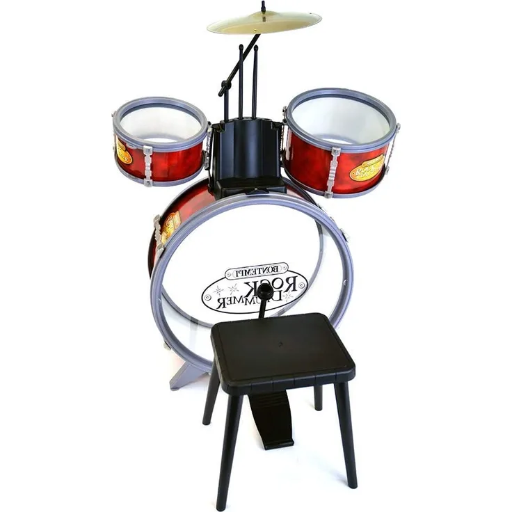 Bontempi 51 4504 Schlagzeug: Baßtrommel Ø 385 mm mit Pedal. 2 kleine Trommeln Ø 170 Becken Ø 210 mm. 2 Schlagstöcken. Echte Sounds. Inkl. Hocker. Maße: 500x500x680 mm