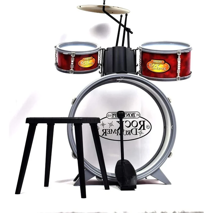Bontempi 51 4504 Schlagzeug: Baßtrommel Ø 385 mm mit Pedal. 2 kleine Trommeln Ø 170 Becken Ø 210 mm. 2 Schlagstöcken. Echte Sounds. Inkl. Hocker. Maße: 500x500x680 mm – Bild 8