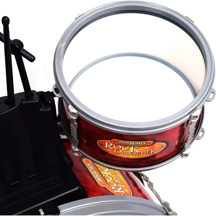 Bontempi 51 4504 Schlagzeug: Baßtrommel Ø 385 mm mit Pedal. 2 kleine Trommeln Ø 170 Becken Ø 210 mm. 2 Schlagstöcken. Echte Sounds. Inkl. Hocker. Maße: 500x500x680 mm – Bild 5