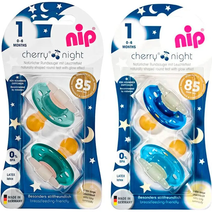 NIP Cherry Rundsauger Schnuller NIGHT 0-6 Monate, Leuchtschnuller, ab Geburt 0+ Monate, leuchtet im Dunkeln