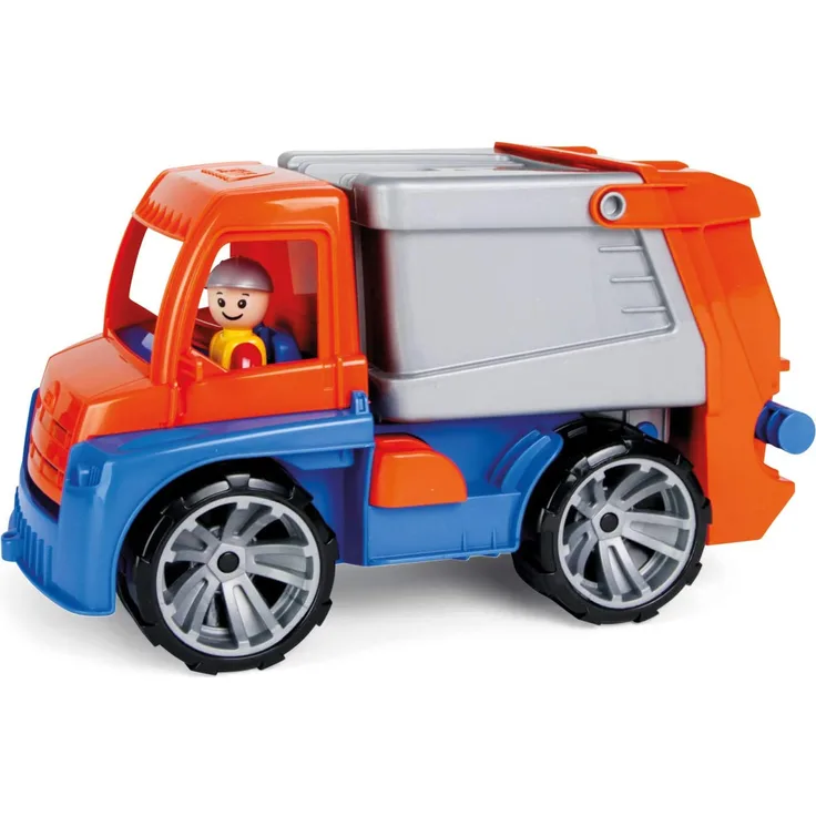 Lena 4416 Truxx Müllwagen, Müllfahrzeug ca. 29 cm, robuster Müll LKW, Müllauto mit Funktion, 1 Mülltonne und vollbeweglicher Spielfigur, für Kinder ab 2 Jahre, Spielfahrzeug in orange/blau