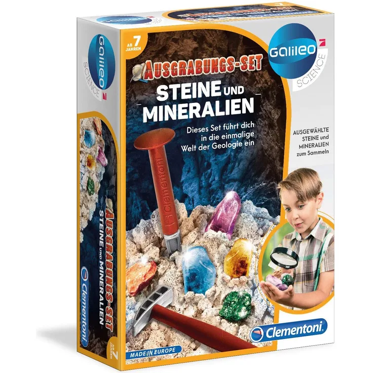 Clementoni 69940 Galileo Science – Ausgrabungs-Set Steine + Mineralien, Spielzeug für Kinder ab 7 Jahren, Ausgraben mit Hammer & Meißel, für kleine Forscher