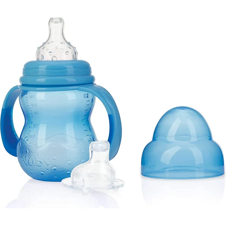 Nuby ID1107BLUE Nûby - Trinklerntasse mit 2 Aufsätzen - Non Drip Sauger und No-spill Trinktülle - 240 ml - 0M+, Blau