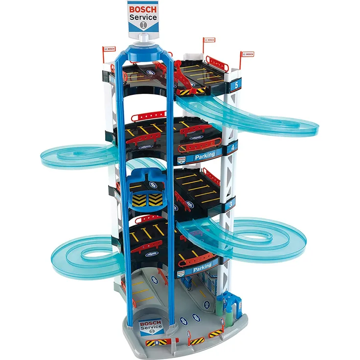 Theo Klein 2813 Bosch Car Service Parkhaus I Mit 5 Ebenen, doppelter Abfahrtrampe, 2 Rennautos, Fahrstuhl und vielem mehr I Maße: 55 cm x 55 cm x 85 cm I Spielzeug für Kinder ab 3 Jahren